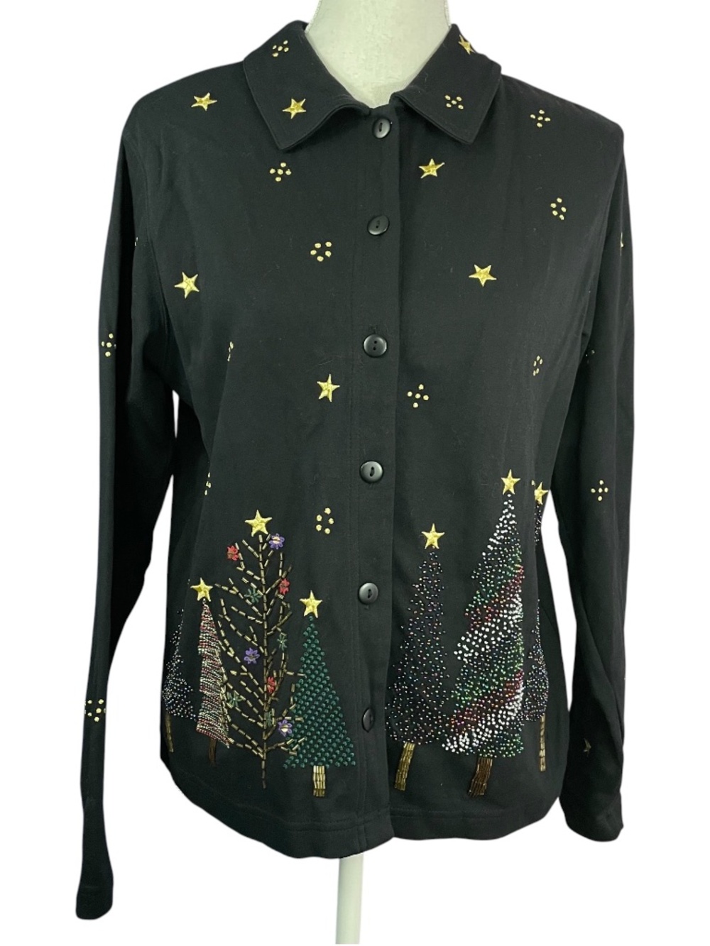 Beaded Christmas Shacket S Button-up Shirt Embroidered Stars Tree Collared Top